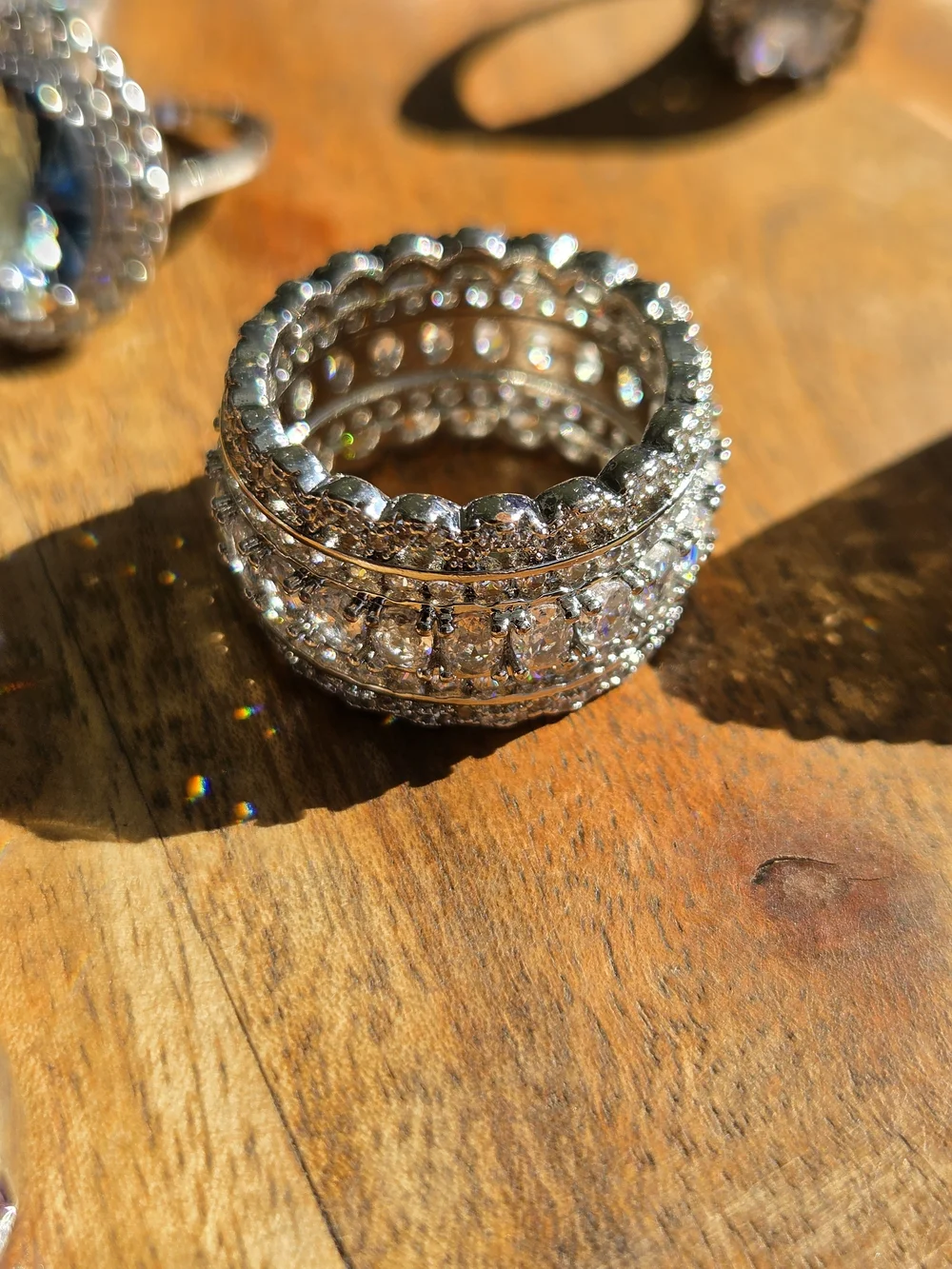 Silver Tone Multi-Stone  Ring - Sparkling Clear and Blue Accents